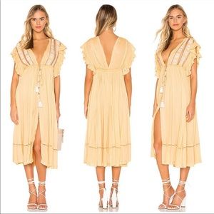 NWT-Free People Boho Dreams Deep V Embroidered Creamy Buttercup Midi Dress